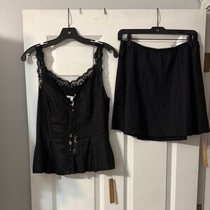 Reformation Linen Black Lace Trim Top and Skirt Set